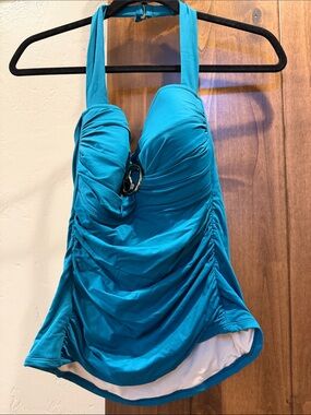Ruched Teal Halter Tankini Top Swimsuit with Decorative Ring